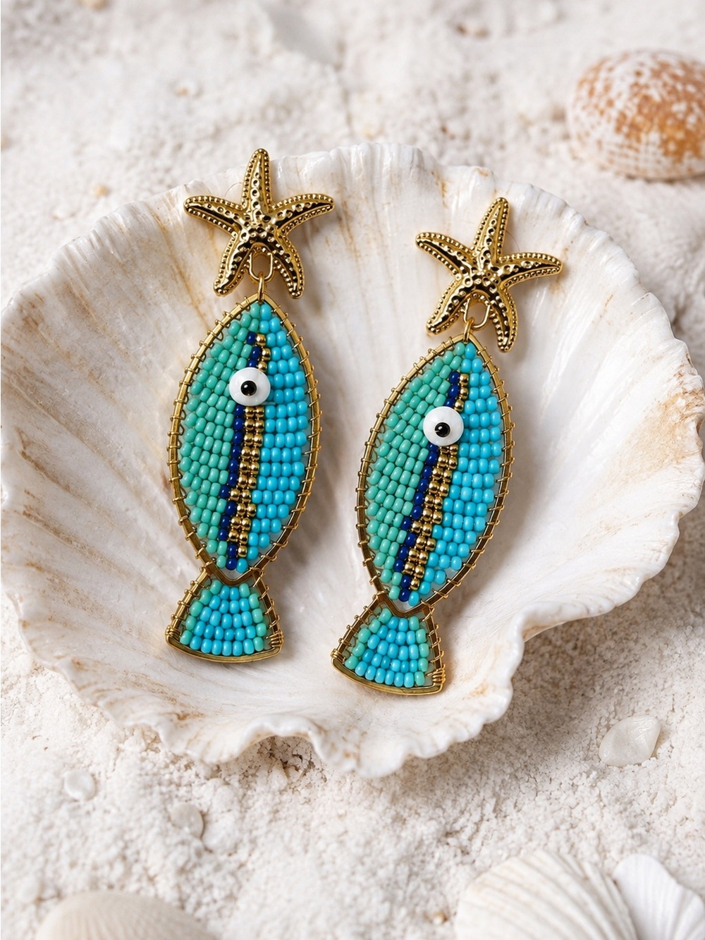 RUSH Denis & Charles Artisan Beaded Fish Starfish Earrings Turquoise Coastal NWT